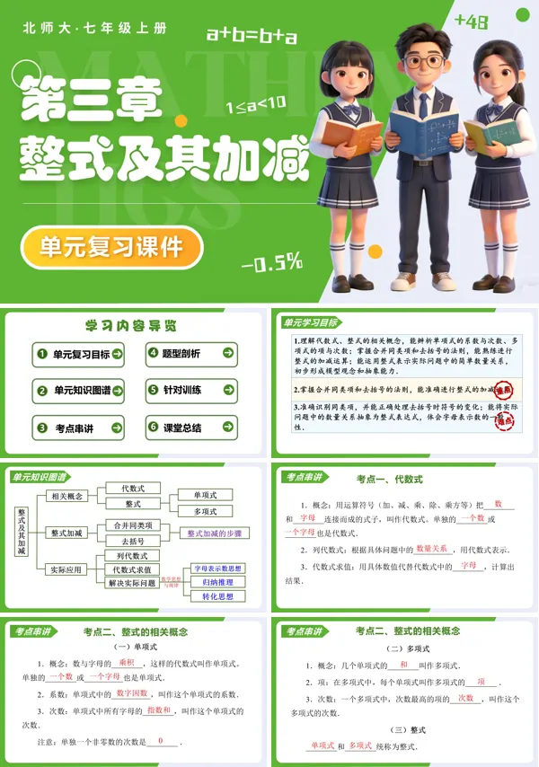 七年级数学上册北师大单元复习 第三章 整式及其加减(复习课件)ppt课件(知识清单+复习讲义)