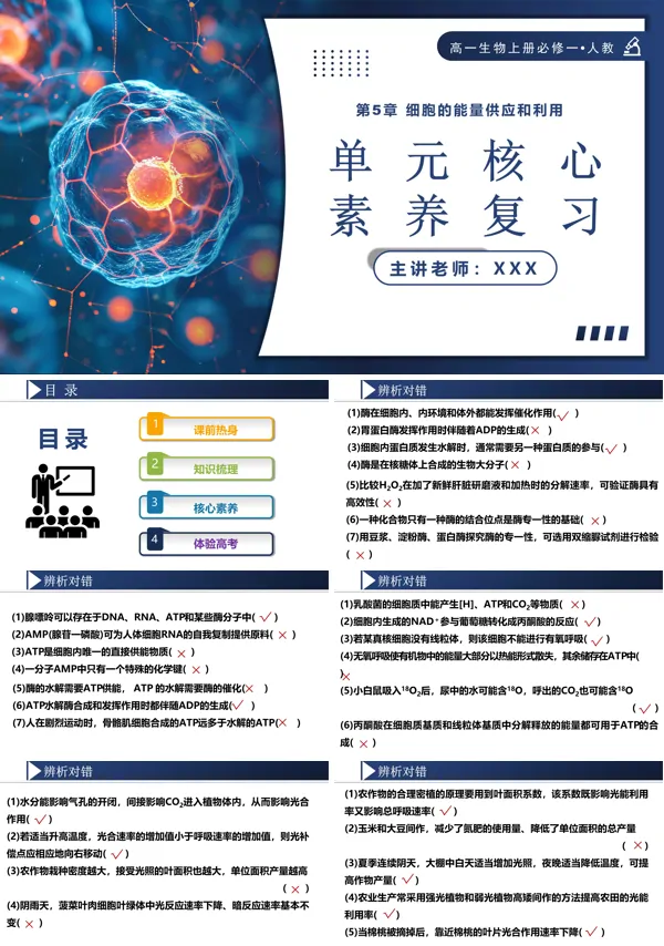 高一人教生物上册必修一第5章细胞的能量供应和利用单元复习课件PPT课件含教案