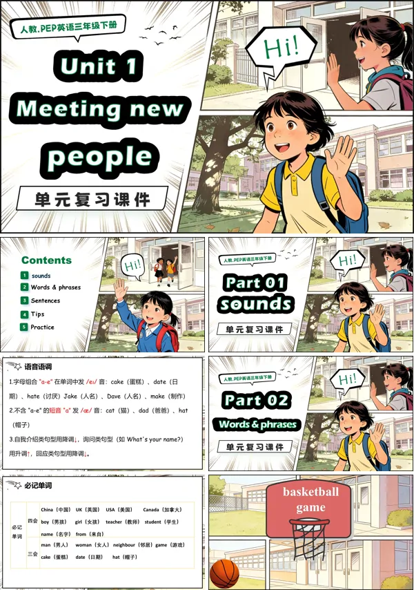 三年級(jí)英語下冊(cè)PEP人教Unit 1 Meeting new people單元復(fù)習(xí)PPT課件（知識(shí)清單）