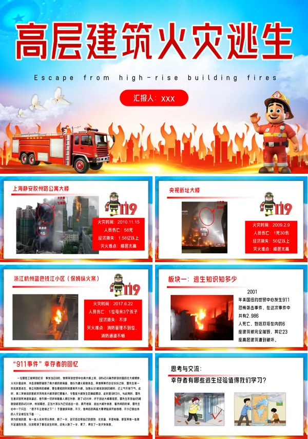 高层建筑火灾逃生PPT课件模板含讲稿