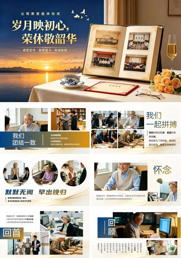 公司单位退休职工员工欢送会茶话会回顾相册PPT模板