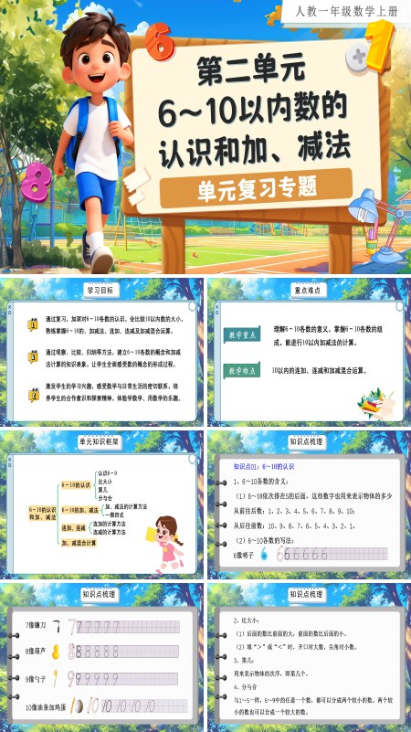 人教数学一年级上册第二单元：6～10的认识和加、减法单元复习PPT课件含教案