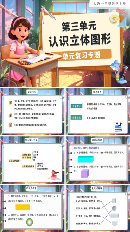 人教数学一年级上册第三单元：认识立体图形单元复习PPT课件含教案