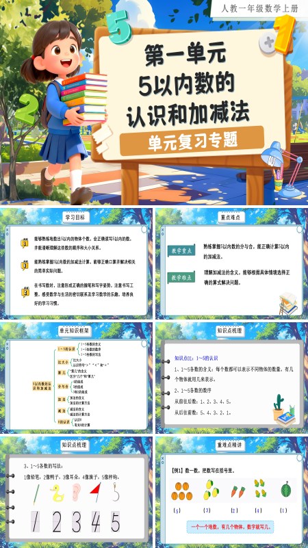 人教数学一年级上册第一单元：5以内数的认识和加减法单元复习PPT课件含教案