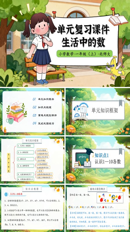 北师大数学一年级上册单元复习第一单元生活中的数PPT课件含教案