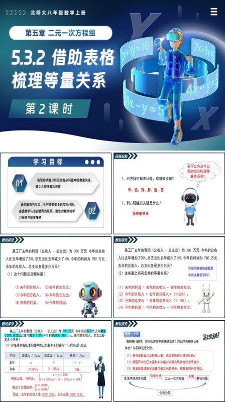 北師大八年級數(shù)學上冊5.3二元一次方程組的應用（第2課時 借助表格梳理等量關系）PPT課件含教案