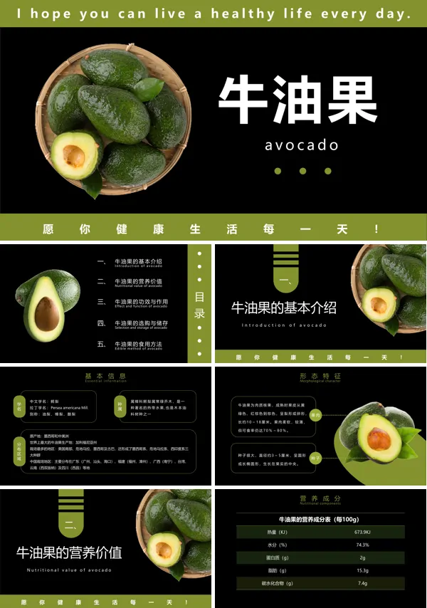 牛油果知识介绍宣传PPT模板