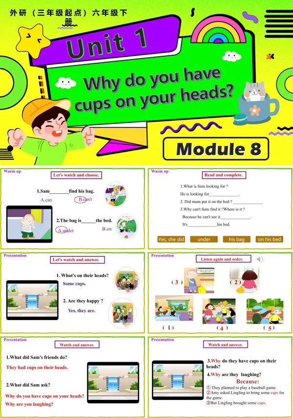 外研六年级英语下册Module8 Unit1 Why do you have cups on your heads PPT课件含教案