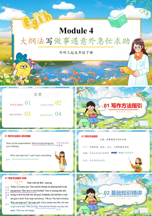 外研六年级英语下册Module4 大纲法写做事遇意外急忙求助PPT课件含教案