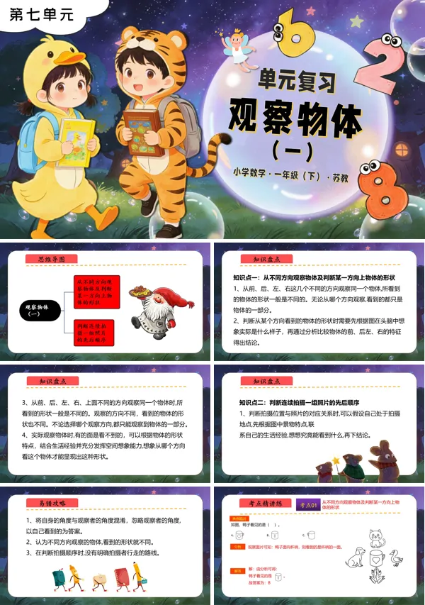 蘇教小學數學一年級下冊第七單元 觀察物體（一）單元復習PPT課件（含知識清單+單元測試卷）