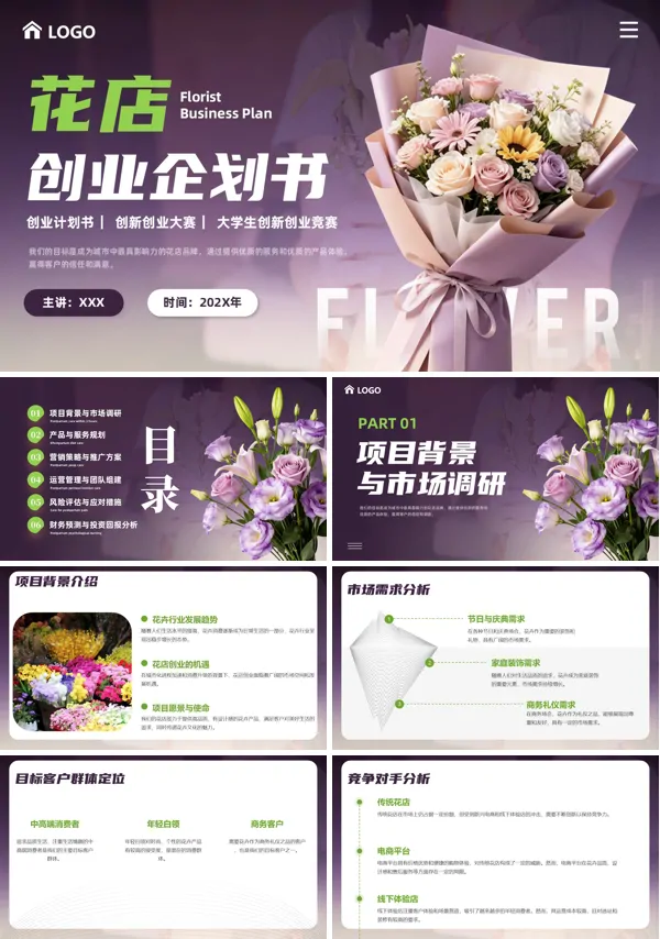互联网创新创业大赛花店创业企划书商业计划书PPT模板含讲稿
