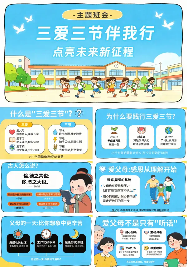 三爱三节教育主题班会PPT模板含讲稿