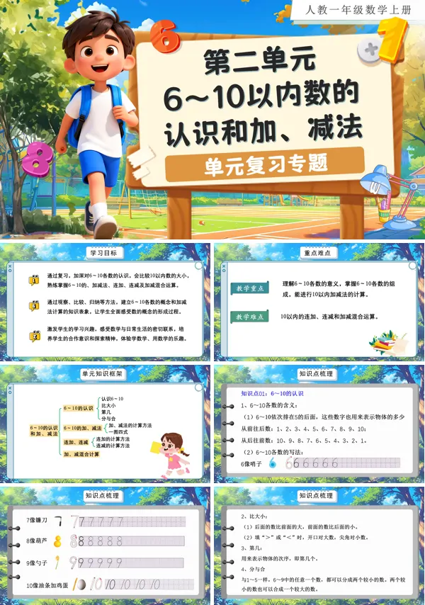 人教数学一年级上册第二单元:6~10的认识和加、减法单元复习PPT课件含教案