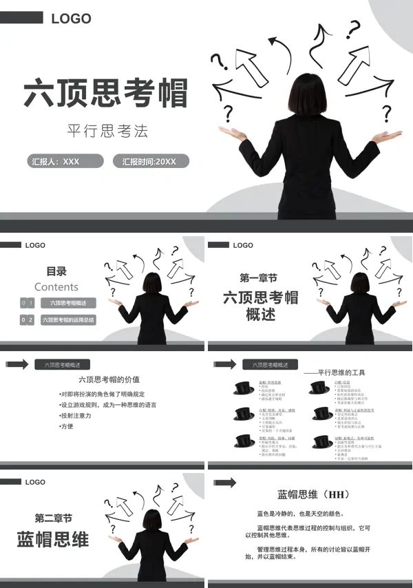 六顶思考帽平行思考法工作培训PPT模板