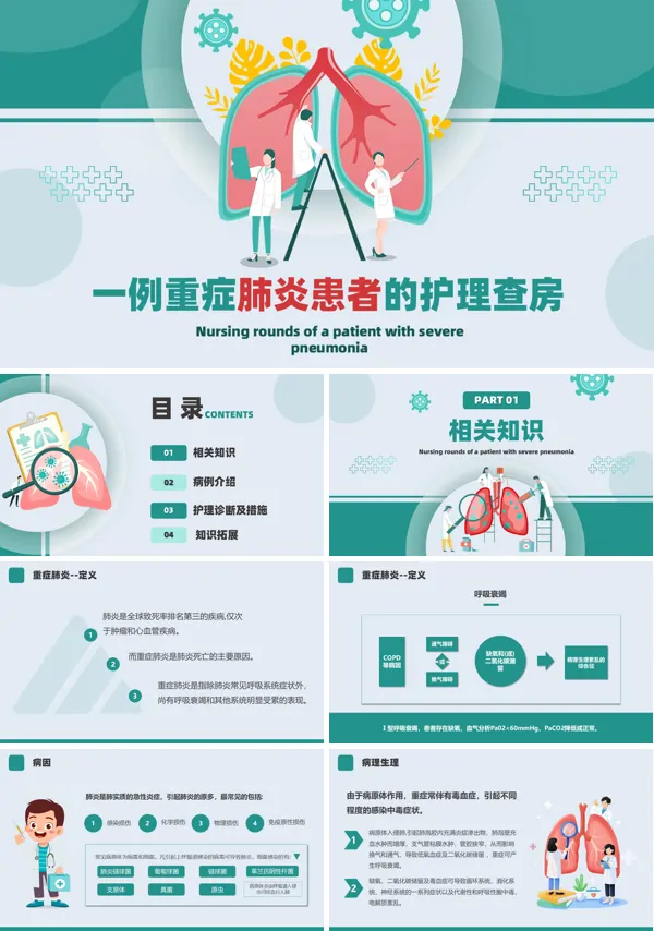重症肺炎患者的PBL护理查房PPT模板含讲稿