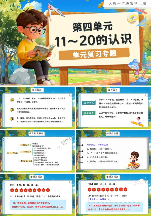 人教数学一年级上册第四单元:11~20的认识单元复习PPT课件含教案