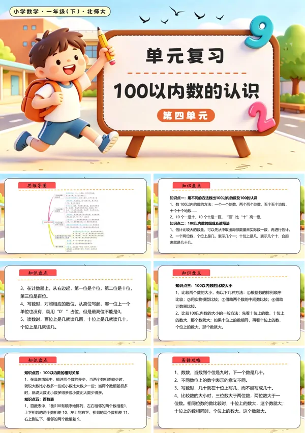 北师大数学一年级下册 第四单元 100以内数的认识单元复习课件 PPT课件(知识清单)
