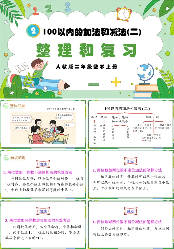 人教版二年级数学上册100以内的加法和减法(二)整理和复习PPT课件含教案