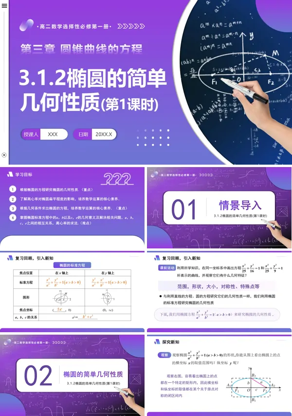 高二数学选择性必修第一册3.1.2 椭圆的简单几何性质(第1课时)PPT课件含教案