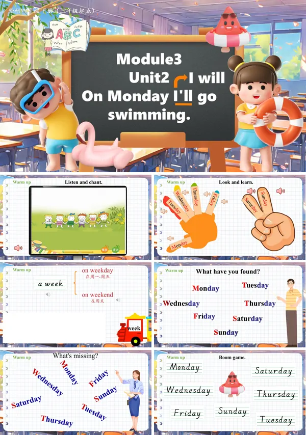 外研四年级英语下册Module 3 Unit2 On Monday I'll go swimmingPPT课件含教案