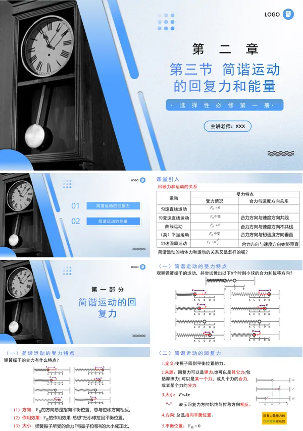 高二物理人教选择性必修第一册2.3 简谐运动的回复力和能量PPT课件含教案