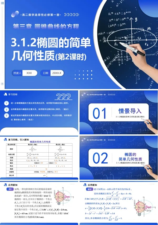 高二数学选择性必修第一册3.1.2 椭圆的简单几何性质(第2课时)PPT课件含教案