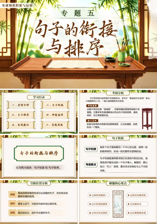 中考語文第一部分《基礎知識積累與運用《專題五：銜接排序》》PPT課件（含教案+逐字稿+教學反思）