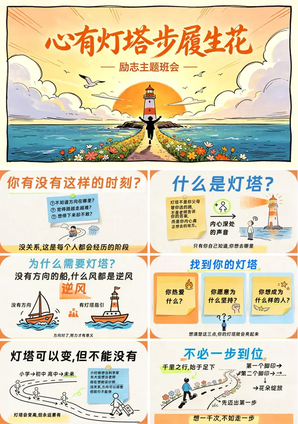 中小学励志主题班会心有灯塔步履生花PPT含讲稿