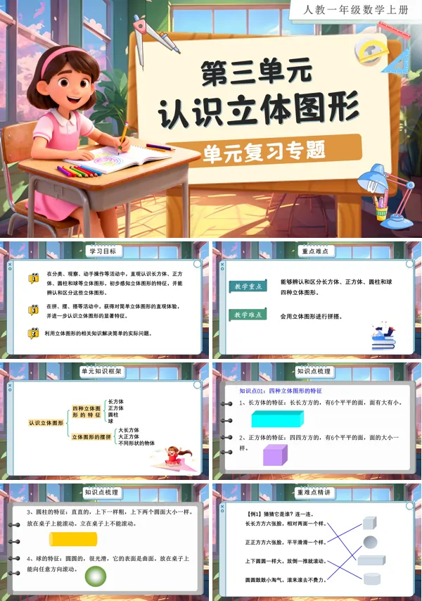 人教数学一年级上册第三单元:认识立体图形单元复习PPT课件含教案