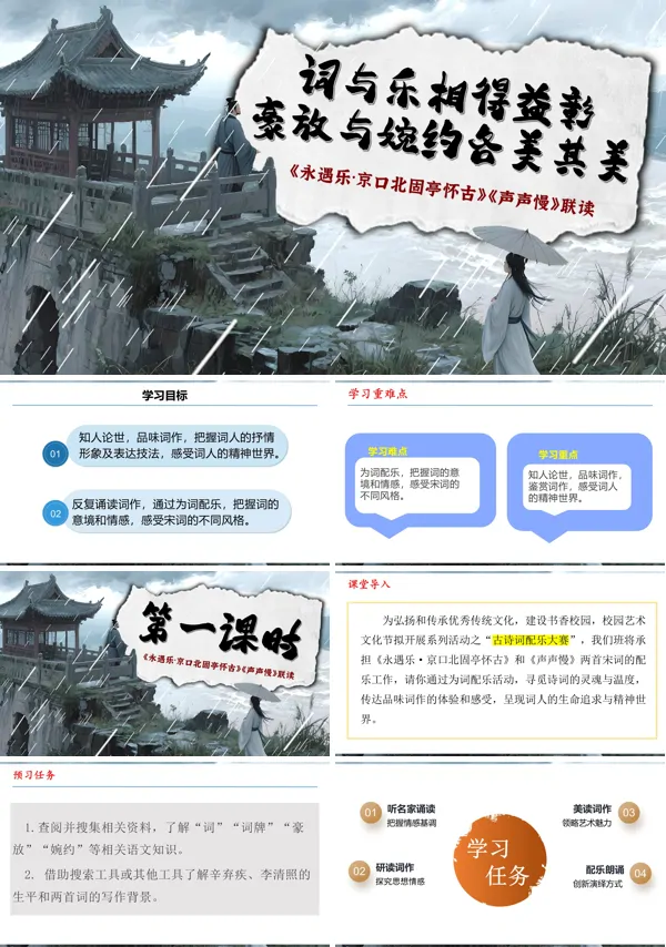 高一语文同步备课系列统编必修上册《永遇乐·京口北固亭怀古》《声声慢》群文联读PPT课件含教案