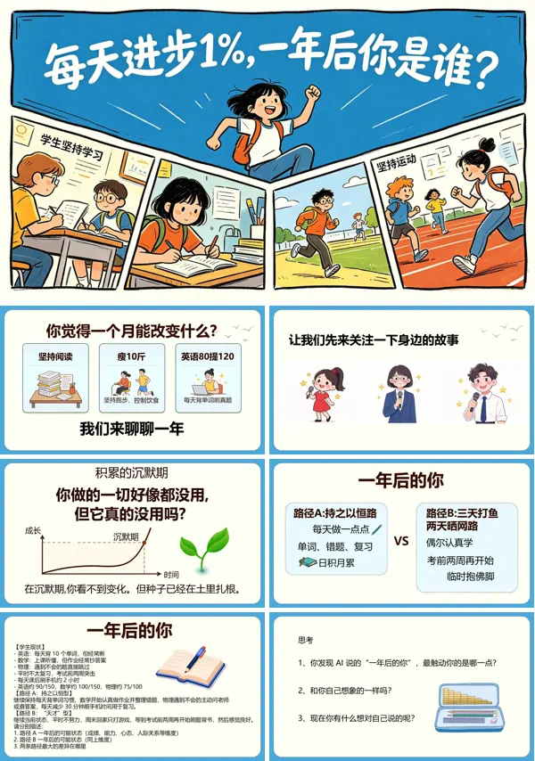 高中班会每天1%,一年后你是谁?坚持和积累主题班会PPT含讲稿