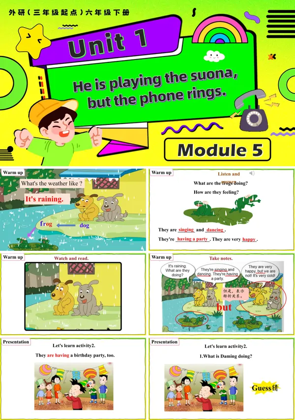 外研六年级英语下册Module5 Unit1 He is playing the suona, but the phone rings PPT课件含教案