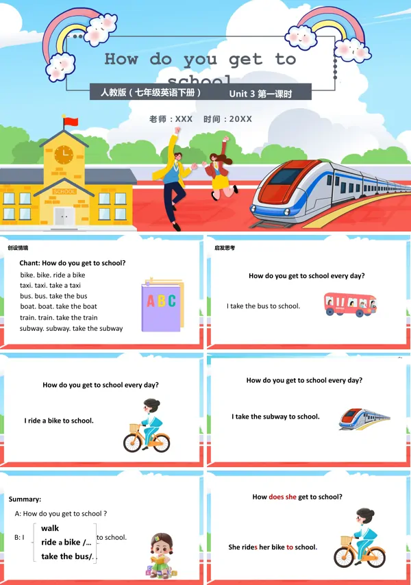 七年级英语下册《How do you get to school》的PPT模板