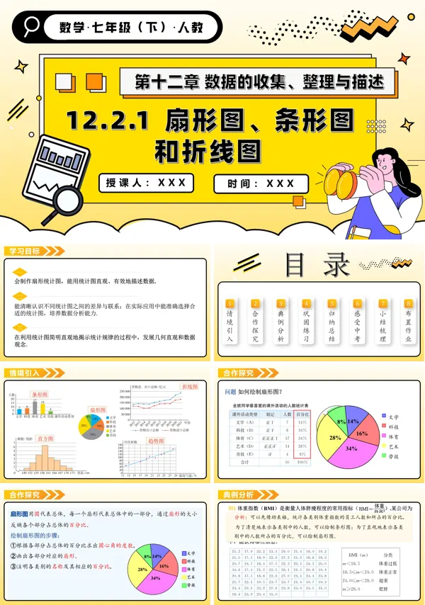 人教七年级数学下册第十二章扇形图、条形图和折线图PPT课件含教案
