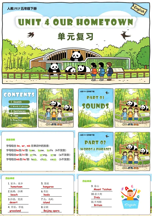 五年级英语下册人教PEP新教材Unit 4 My hometown 单元复习PPT课件(含知识清单)