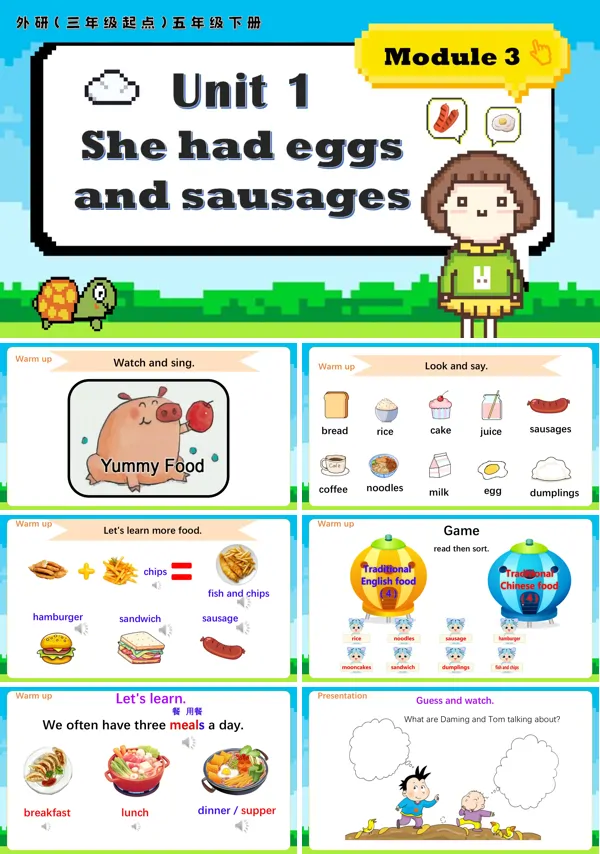 外研五年级英语下册Module 3 Unit1 She had eggs and sausages PPT课件含教案