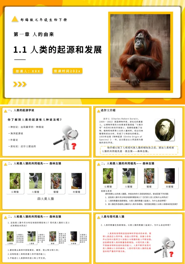 部编版七年级生物下册人类的起源与发展课件PPT模板