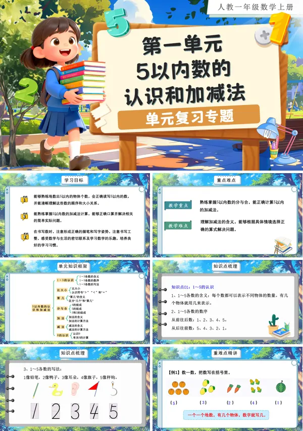 人教数学一年级上册第一单元:5以内数的认识和加减法单元复习PPT课件含教案