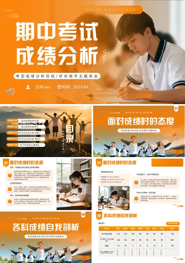 期中考试分析动态PPT模板含讲稿