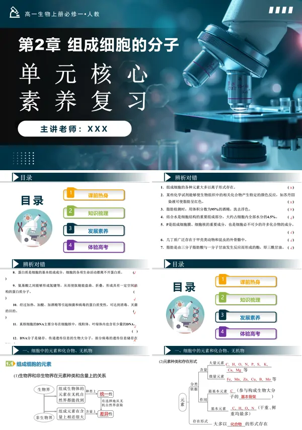 高一人教生物上册必修一第2章组成细胞的分子单元复习课件PPT课件含教案