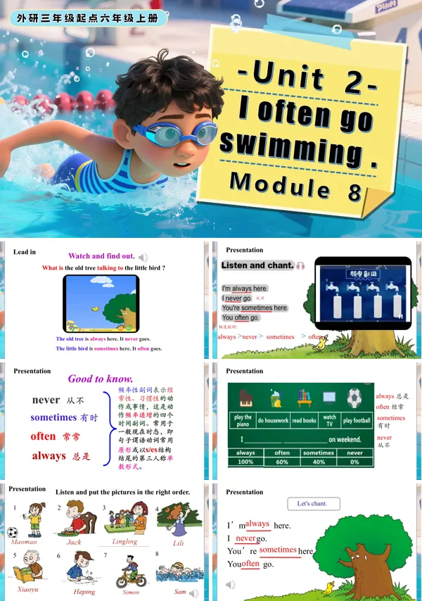 六年级英语上册外研Module 8 Unit2 I often go swimming.PPT课件含教案