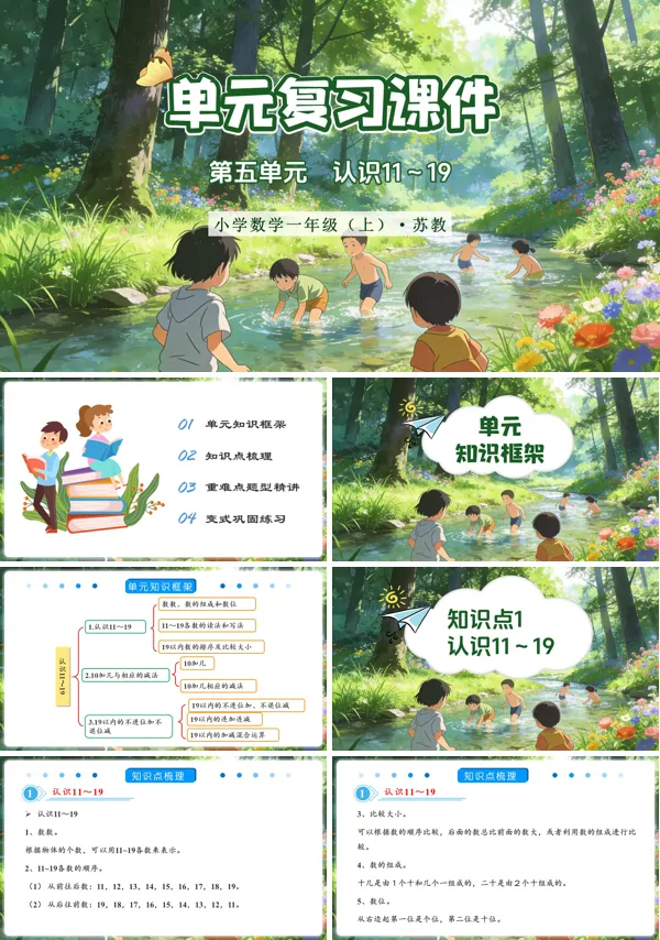 数学苏教一年级上册(新教材)第五单元 认识11~19(复习课件)ppt课件(单元测试+知识清单)