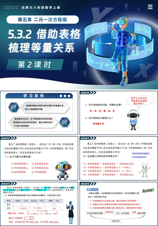 北师大八年级数学上册5.3二元一次方程组的应用(第2课时 借助表格梳理等量关系)PPT课件含教案
