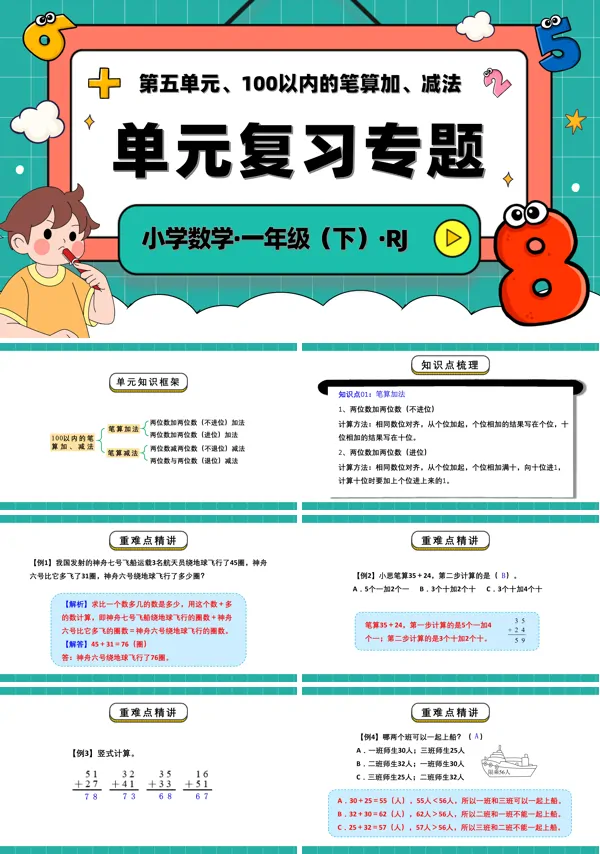 人教一年级数学下册第五单元100以内的笔算加、减法单元复习PPT课件
