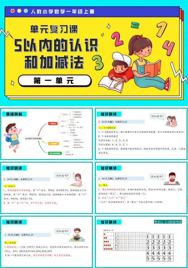 一年级数学上册期末复习讲练测人教第一单元5以内的认识和加减法PPT课件含教案