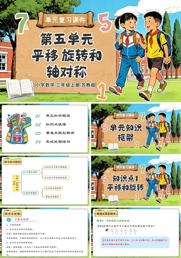 三年级数学上册苏教 第五单元 平移、旋转和轴对称(复习课件)ppt课件(知识清单+单元测试)