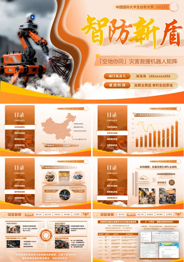 大学生创新大赛空地协同灾害救援机器人矩阵展示动态PPT模板含讲稿