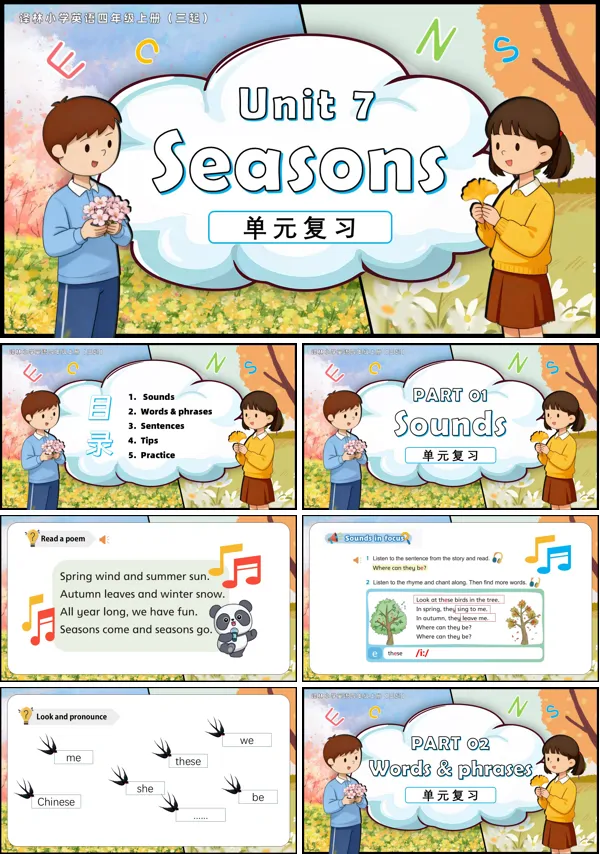 译林小学英语四年级上册(三起)Unit 7 Seasons复习课件(新教材)PPT课件含知识清单