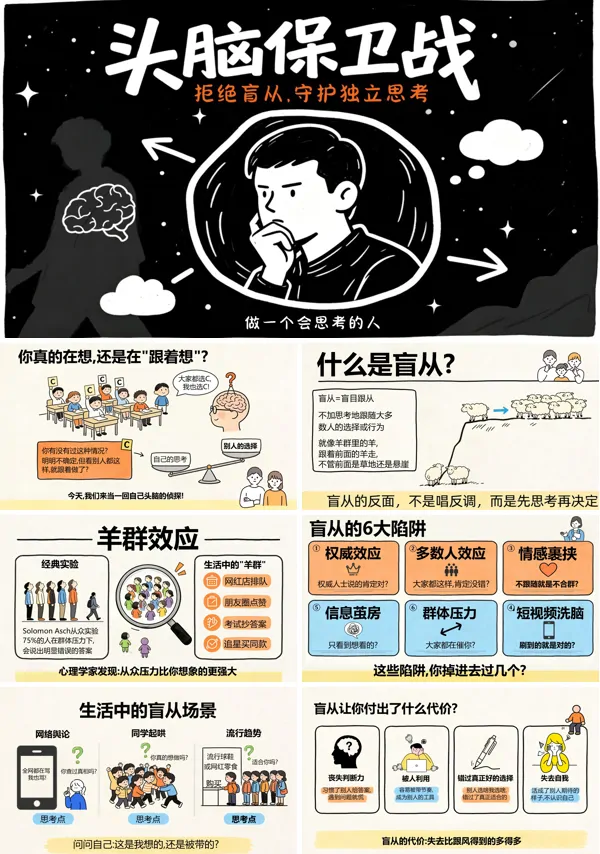 头脑保卫战:拒绝盲从,守护独立思考主题班会PPT模板含讲稿
