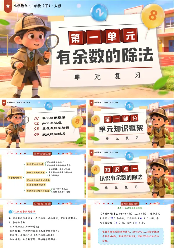 二年級數(shù)學(xué)下冊人教版新教材第一單元：有余數(shù)的除法單元復(fù)習(xí)PPT課件（復(fù)習(xí)講義+基礎(chǔ)卷+提高卷）